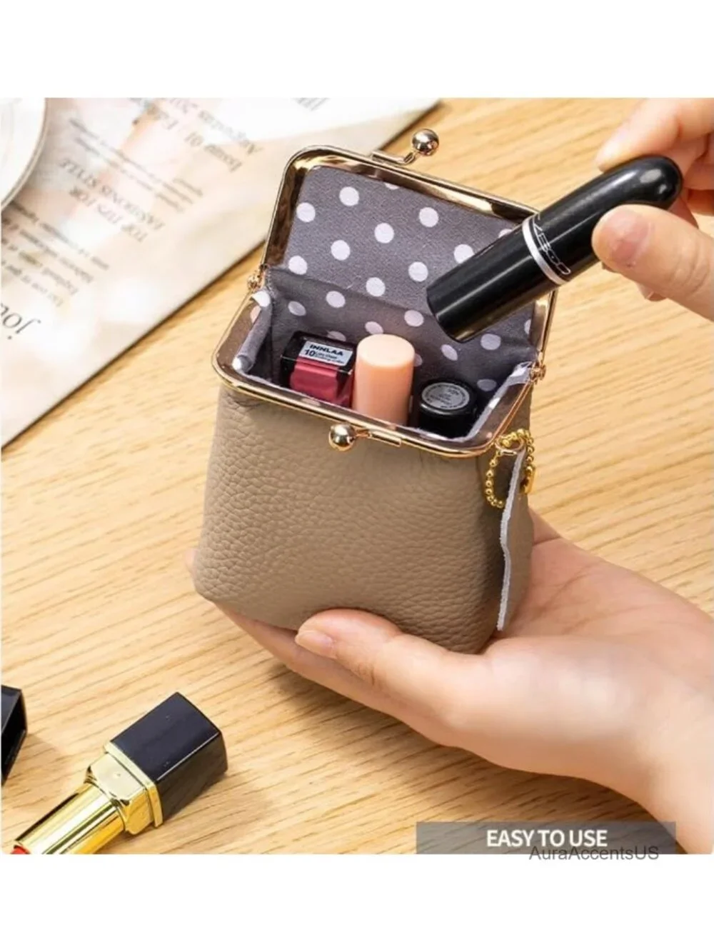 Genuine Leather Mini Jewelry Box & Vintage Wallet - Kiss Lock Coin Purse,